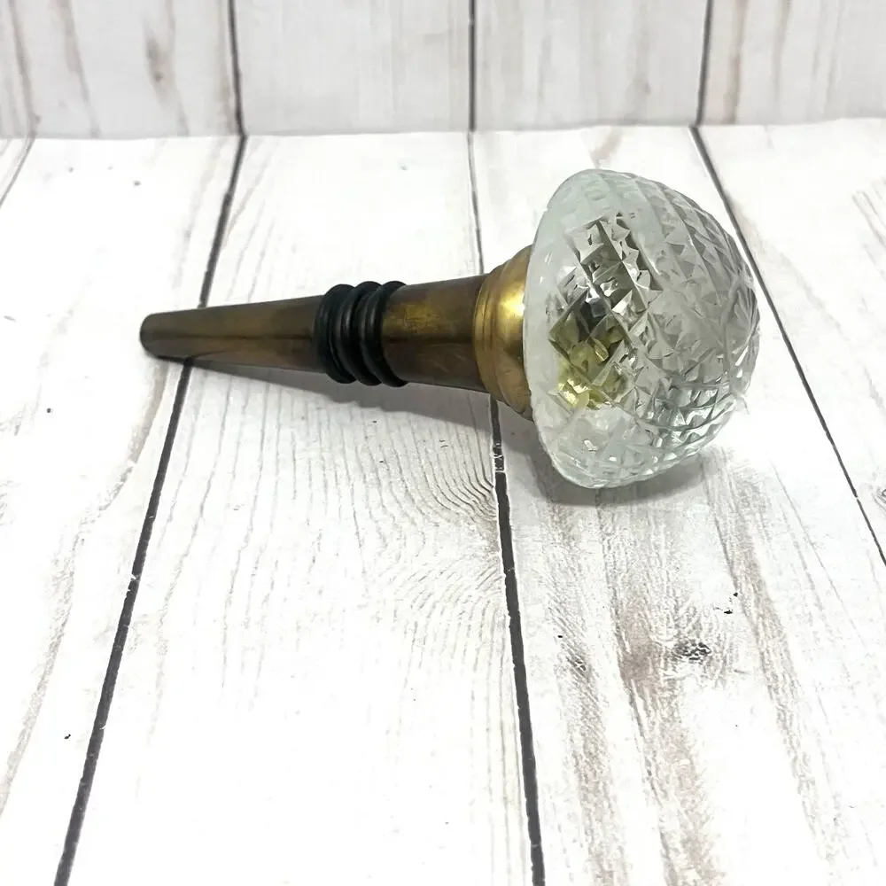 Vintage Cut Crystal Glass Bottle Stopper Brass Wine Stopper Barware